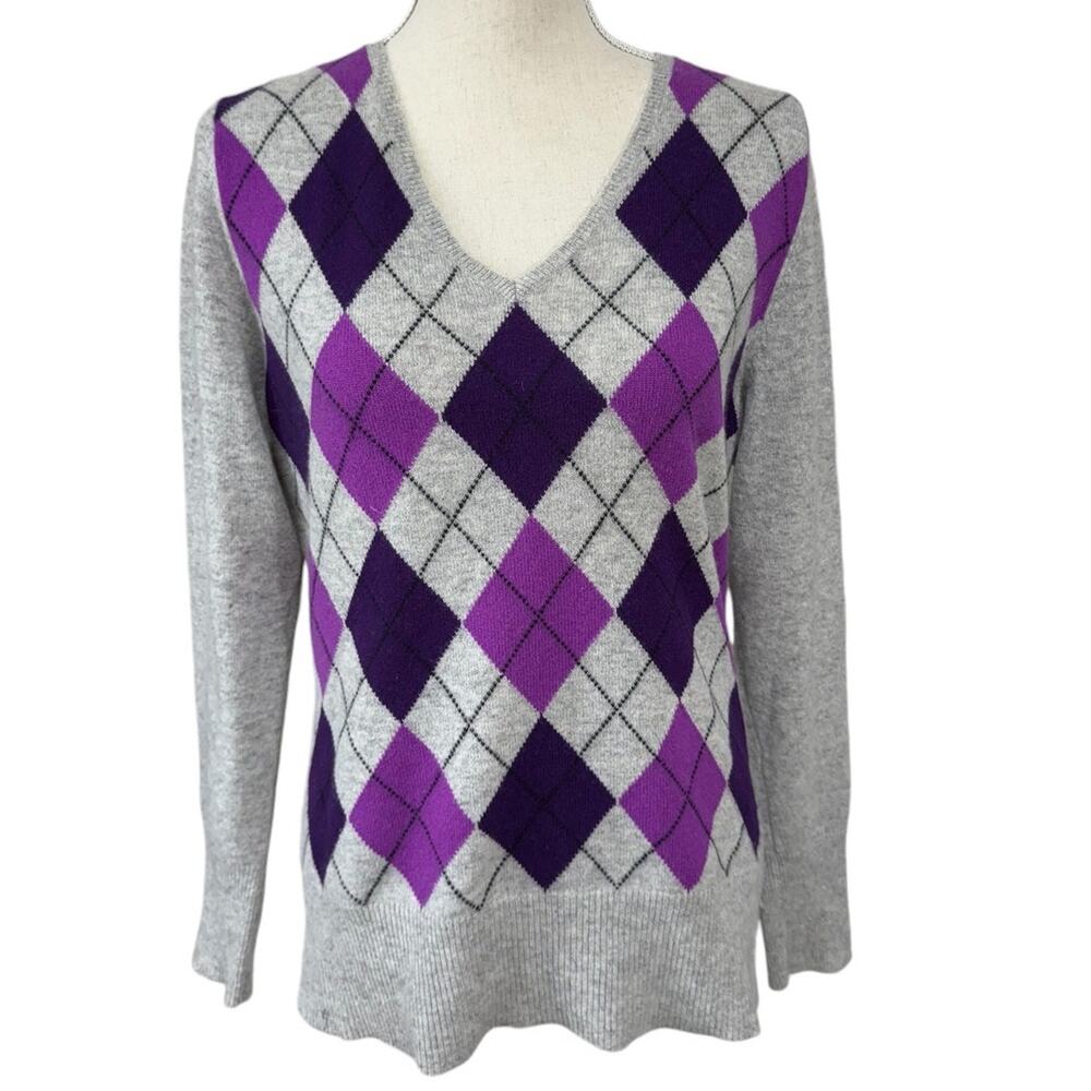 "100% CASHMERE" Harlequin Pattern, L, V-Neck,Quiet Luxury,Academia,Office,Work